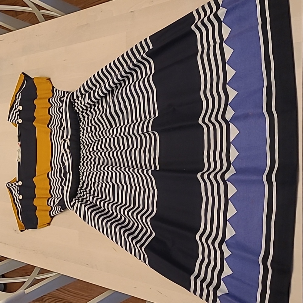 EUC 1980s VTG Gerard Pasquier Elastic Waist Belted 100% Cotton Striped Dress